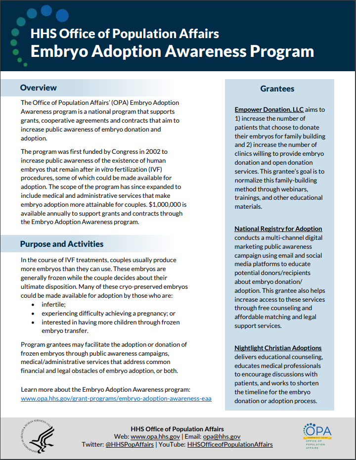 First page of Embryo Adoption Awareness program one-pager.