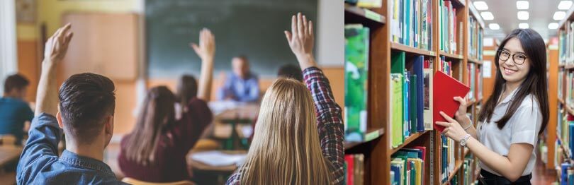 Students in a classroom and in the library