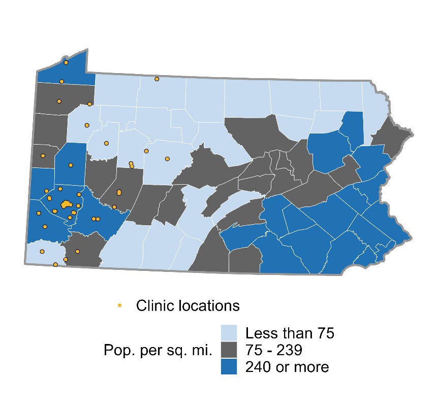 Map showing service sites for the grant recipient and population per square mile.