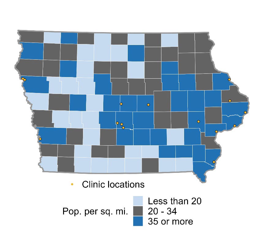 Map showing service sites for the grant recipient and population per square mile.