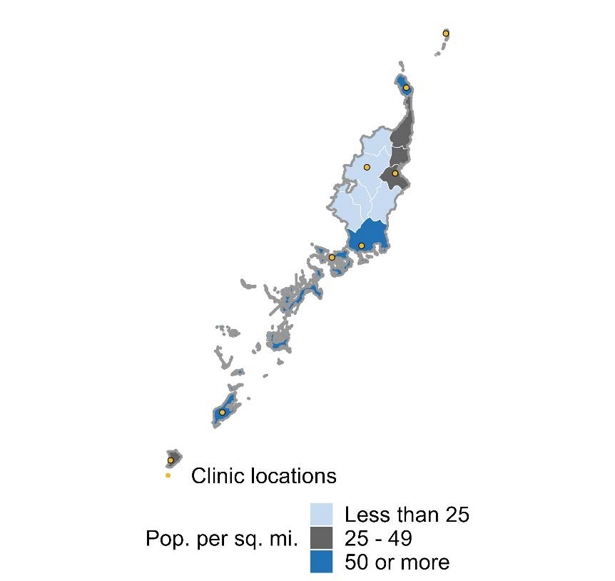 Map showing service sites for the grant recipient and population per square mile.