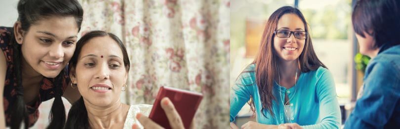 Mom takes a selfie with her daughter on one side, and teenager with earbuds in smiles at a friend across a table.